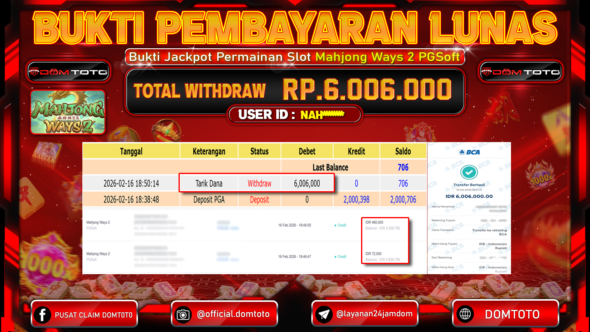JACKPOT SLOT Mahjong Ways 2 PGSoft 16 FEBRUARI 2026